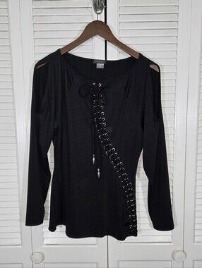 Venus Black Long Sleeve Cold Shoulder  Fitted Grommet Lace Up Design Top Sz L